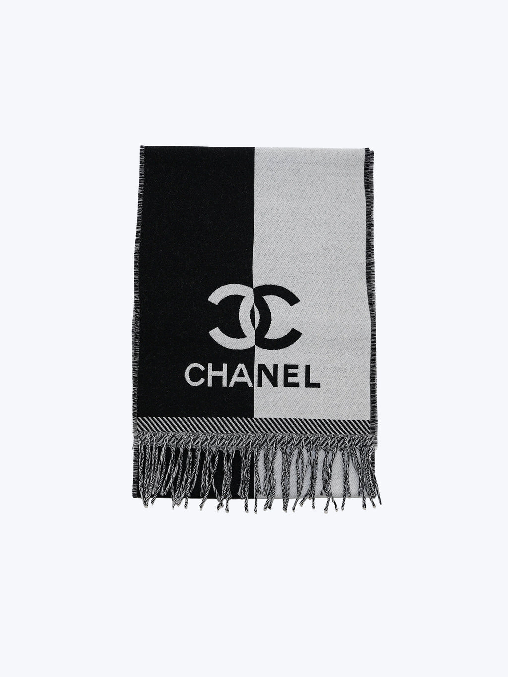 Chanel Black & White Wool CC Logo Fringe Scarf