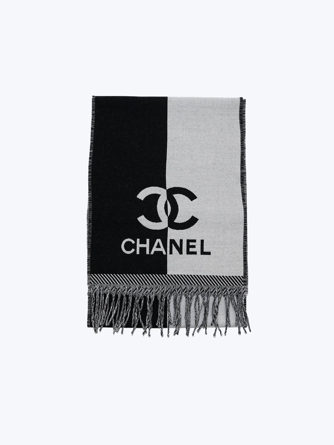 Chanel Black & White Wool CC Logo Fringe Scarf
