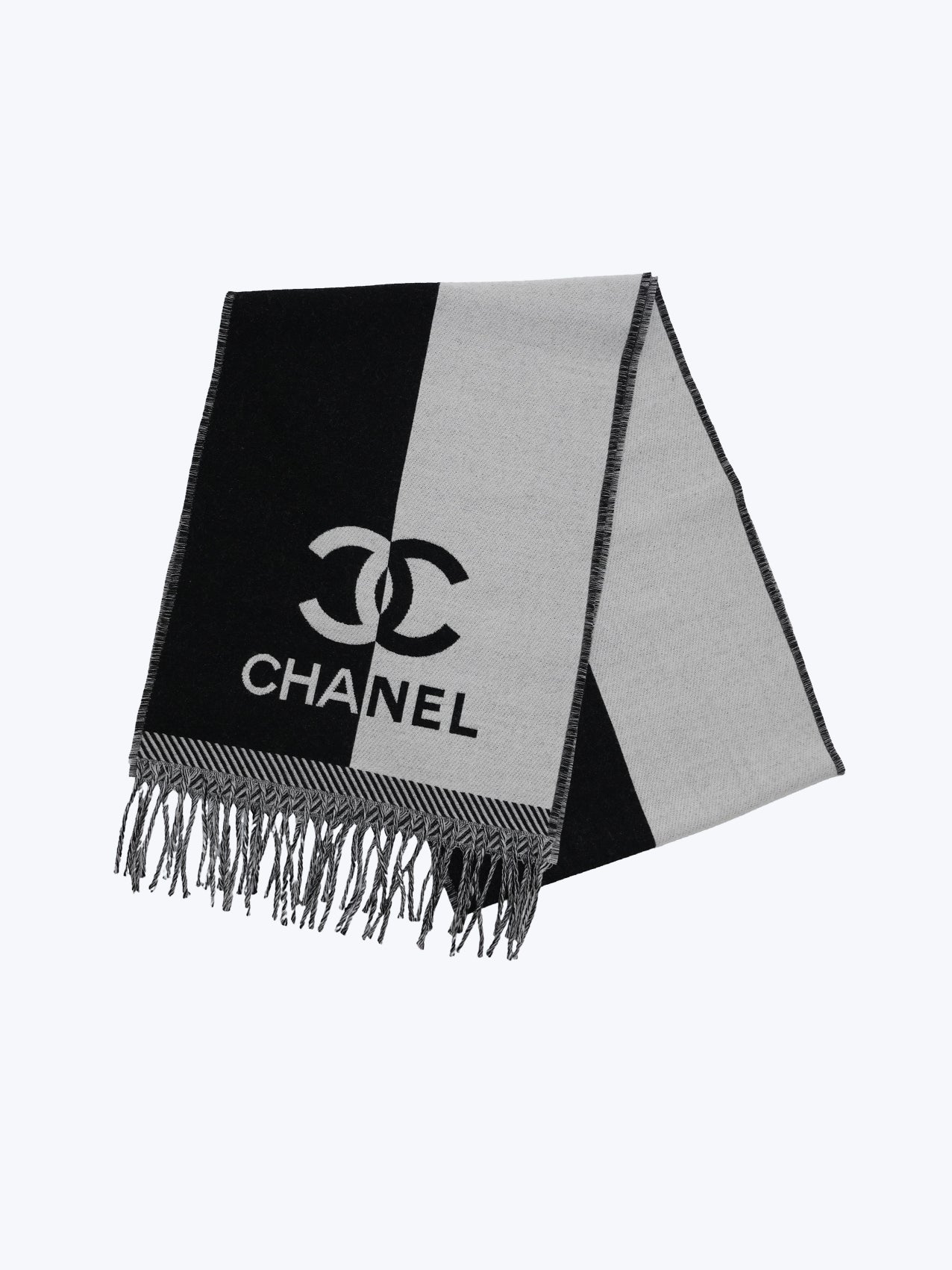 Chanel Black & White Wool CC Logo Fringe Scarf – ichived