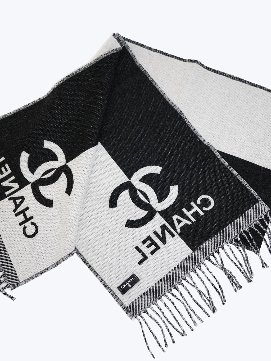 Chanel Black & White Wool CC Logo Fringe Scarf