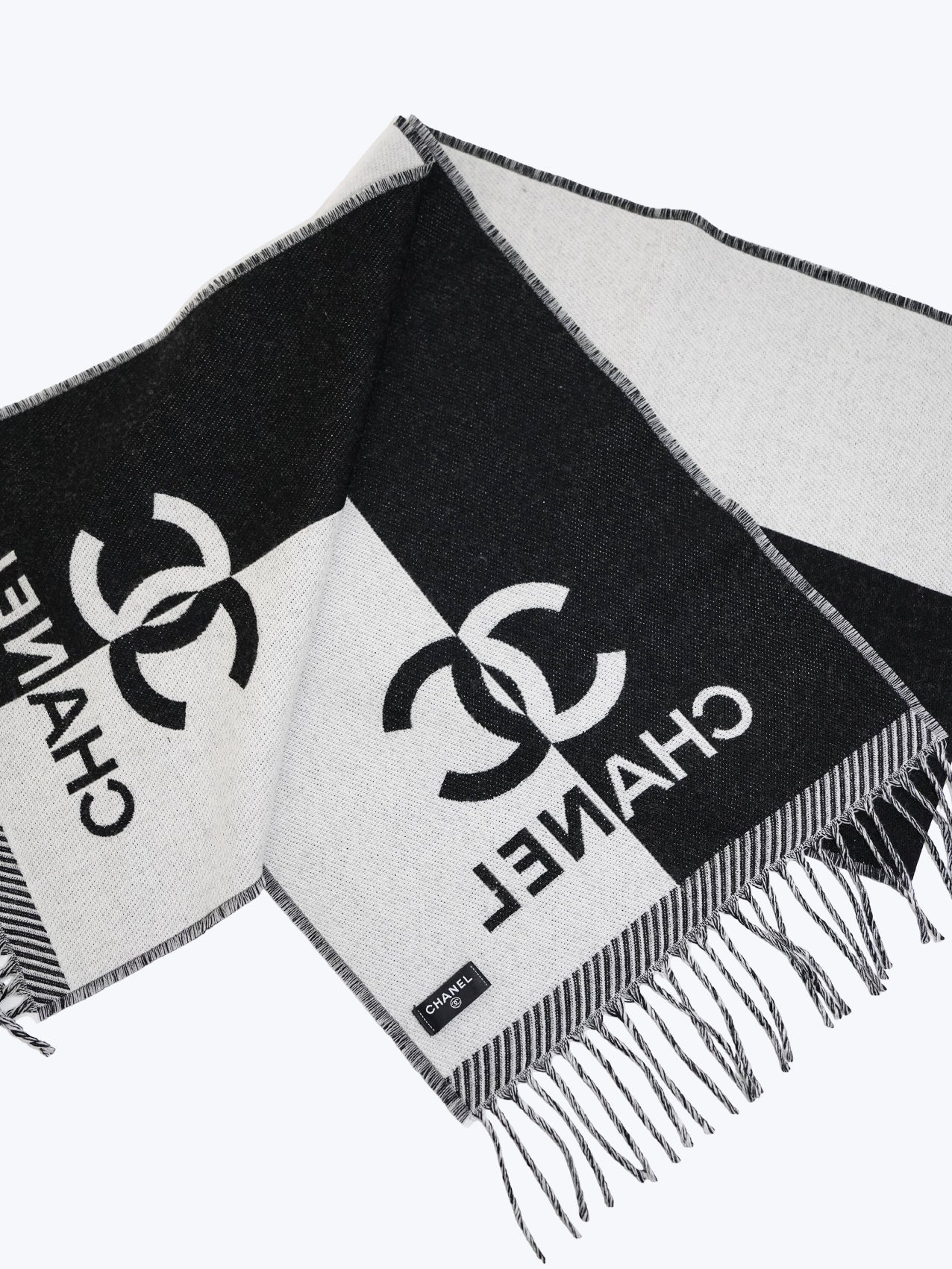 Chanel Black & White Wool CC Logo Fringe Scarf