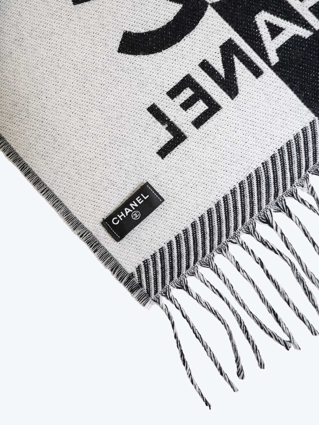 Chanel Black & White Wool CC Logo Fringe Scarf