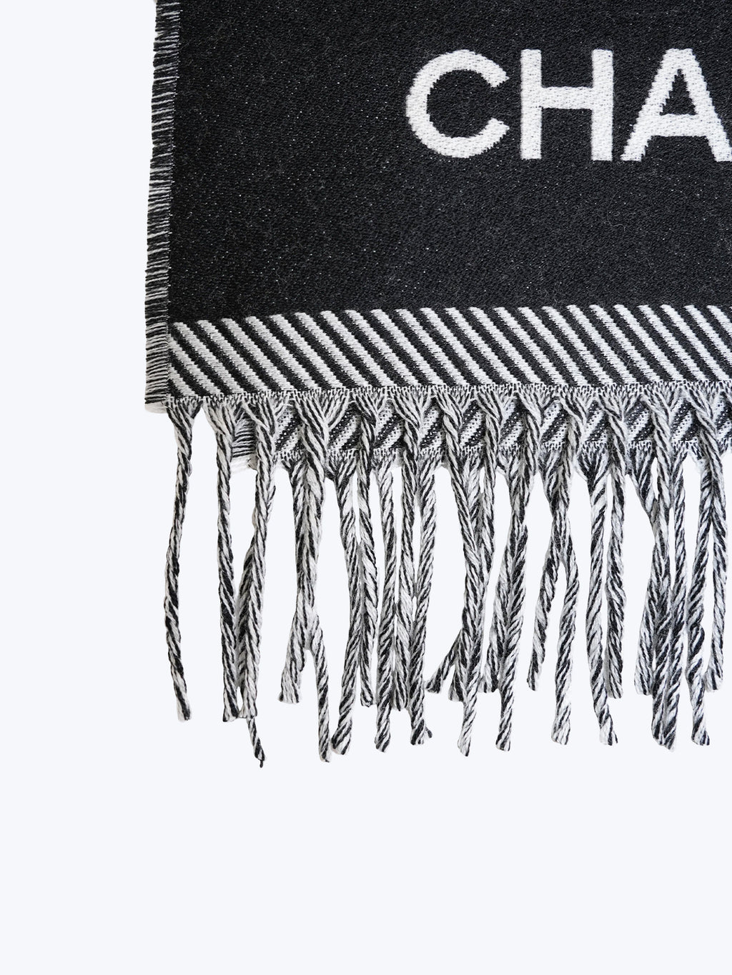 Chanel Black & White Wool CC Logo Fringe Scarf