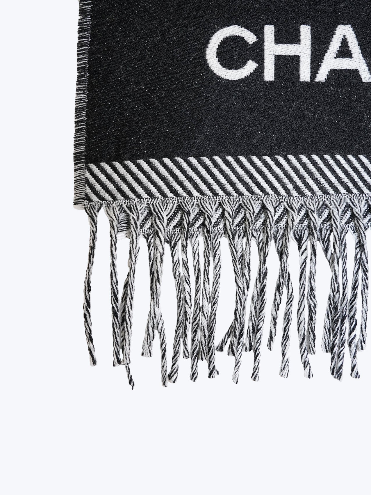 Chanel Black & White Wool CC Logo Fringe Scarf