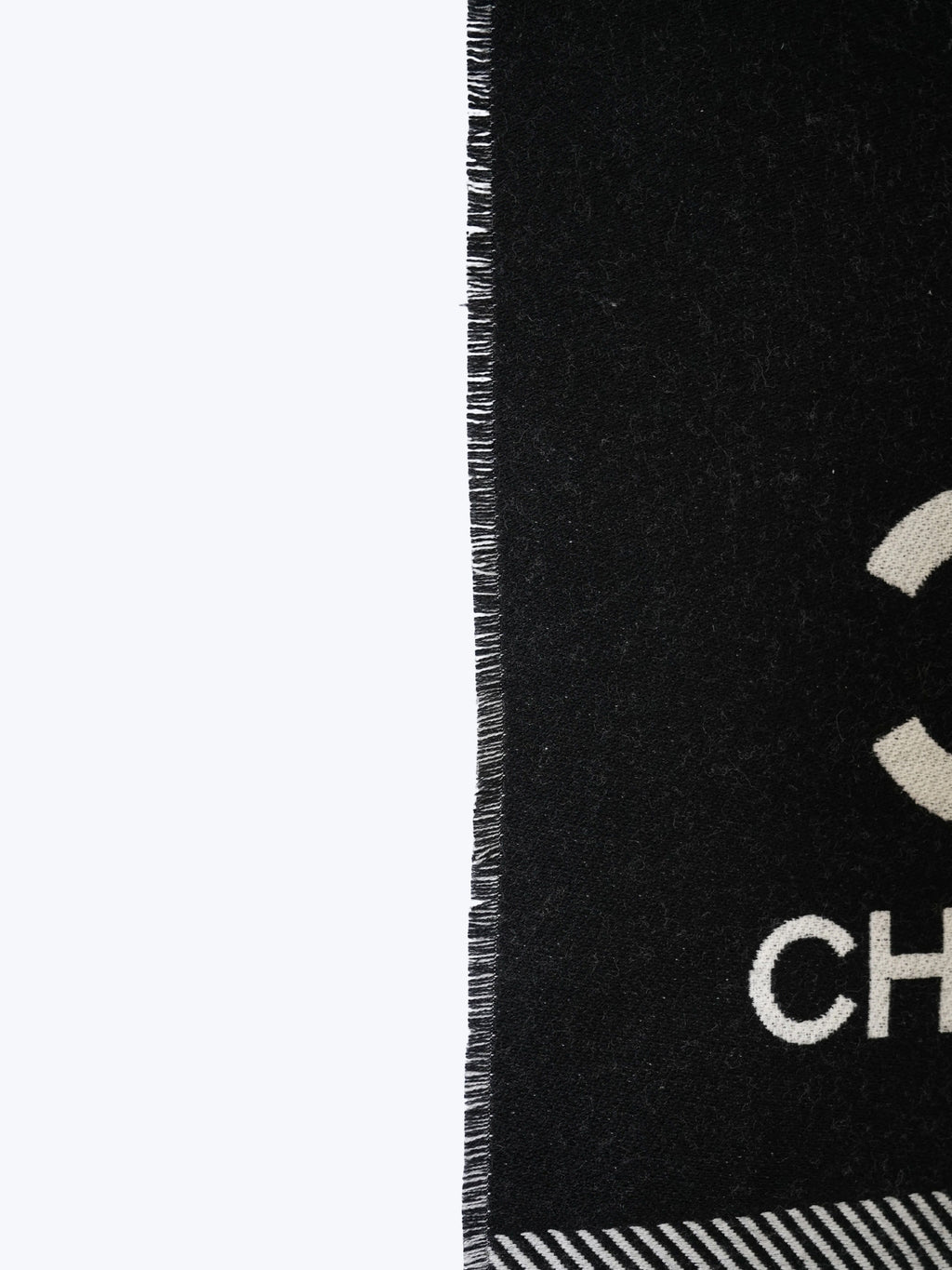 Chanel Black & White Wool CC Logo Fringe Scarf
