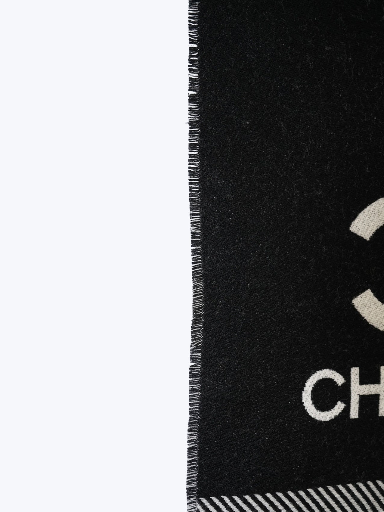 Chanel Black & White Wool CC Logo Fringe Scarf